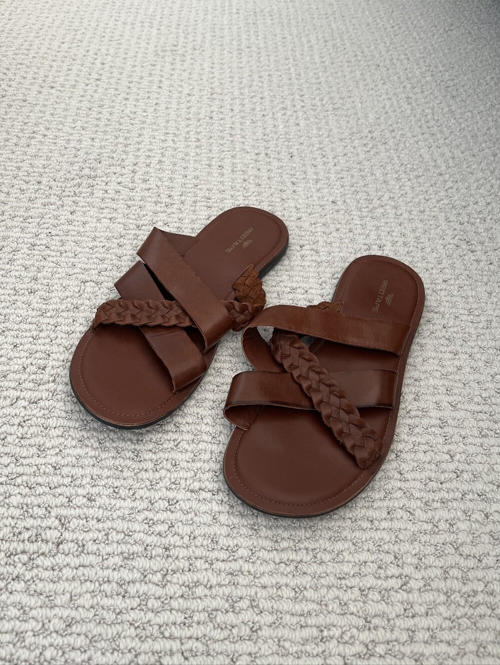 Red Tape Men's Braided Strap Brown Leather Slide Sandals Sz 10